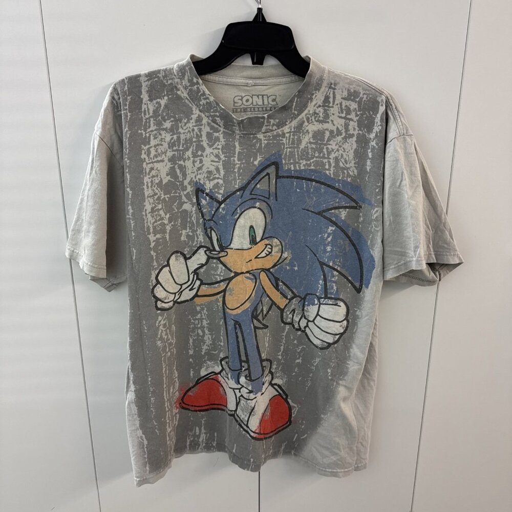 Sonic The Hedgehog Sega Graphic T Shirt‎ Mens size L AOP Faded Vintage Look